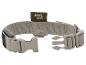 Beige huisdierhalsband met snelsluiting en een klein donkergroen label.