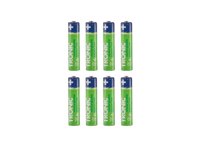 Acht TRONIC oplaadbare AAA-batterijen met 1000 mAh capaciteit.