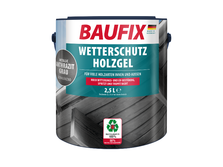 Emmer Baufix houtbeits, metallic antraciet kleur.