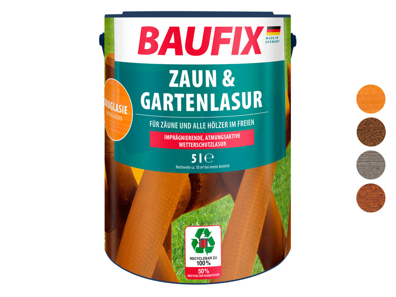 Baufix houtbeschermingsmiddel voor hekken en tuinhout in diverse kleuren.