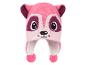 Roze kinderwintermuts met dierenmotief en pompons.