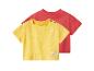 Gele en rode baby T-shirts met korte mouwen, de gele met de tekst 'HAPPY DAY!'.