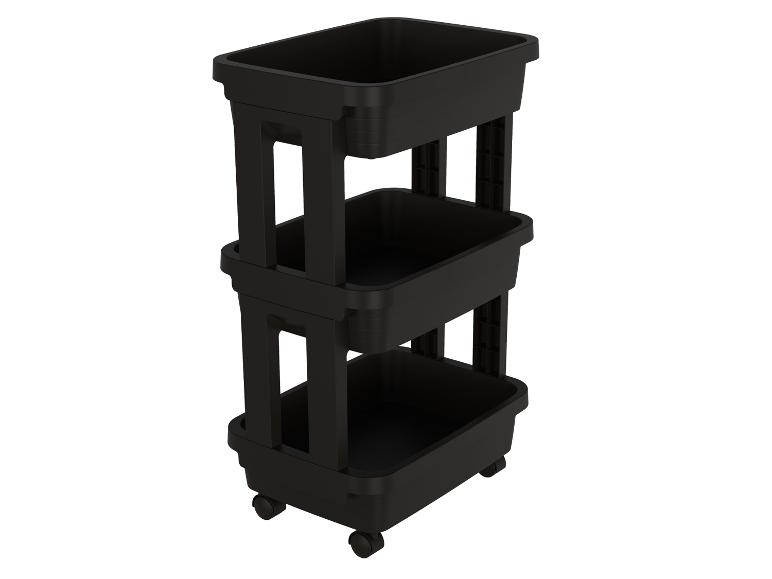 Zwarte, drielaags kar met plastic containers.