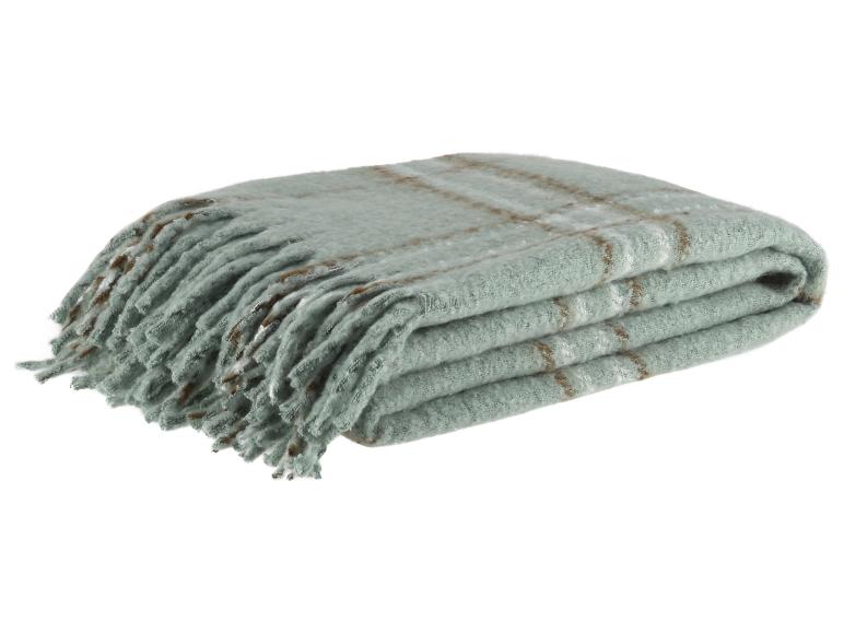 Lichtgroen wollen plaid met bruine strepen.