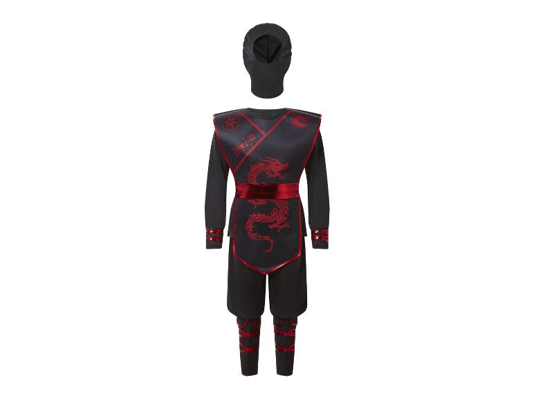 Zwart ninjakostuum met rode draakdetails en masker.