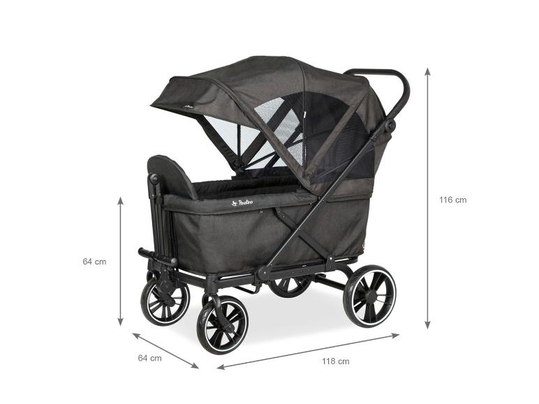 Grijze opvouwbare bolderkar met zonnekap, afmetingen 118 x 64 x 116 cm.
