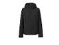 Zwarte softshell jas met capuchon, volledige rits en verstelbare manchetten.