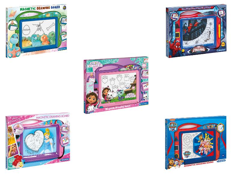 Een collectie magnetische tekentafels met thema's zoals dinosaurussen, Spider-Man, Disney Prinsessen, Gabby's Poppenhuis en Paw Patrol.