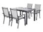 Tuinmeubelset: tafel met donkergrijs blad en vier stoelen met grijze bekleding.