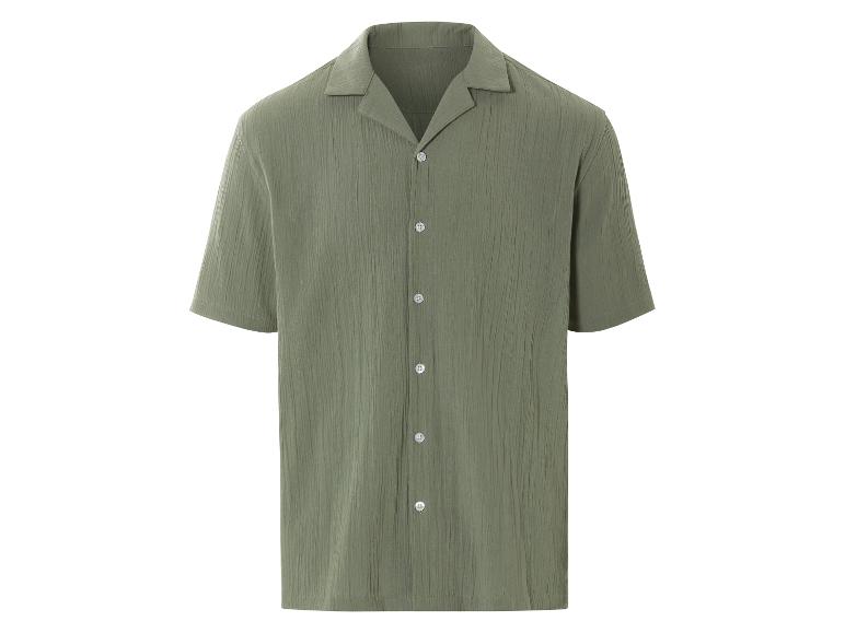 Olijfgroene, korte mouwen, overhemd.