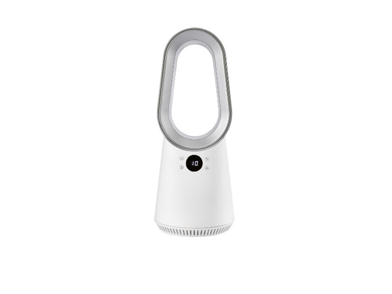 Witte bladeless torenventilator met digitaal display en aanraakbediening.