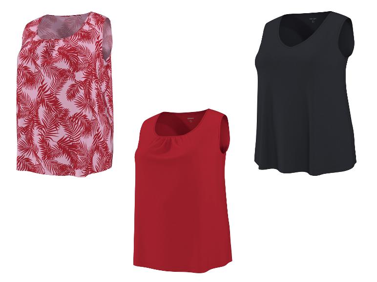 Drie dames mouwloze tops: één roze met rode bladprint, één rood en één zwart.