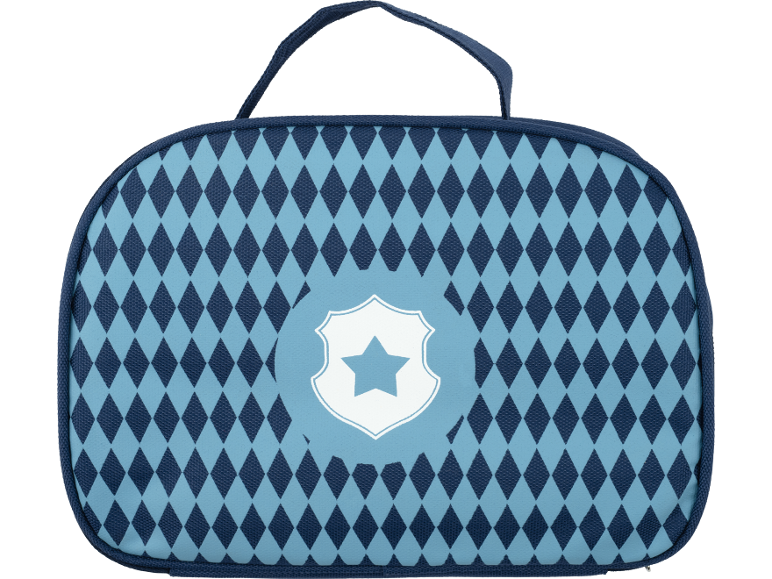 Blauwe lunchtas met ruitpatroon en politiebadge-ontwerp