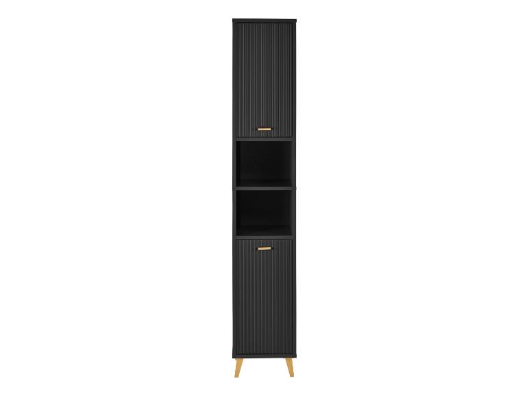 Zwarte hoge kast met open planken en gouden handgrepen.