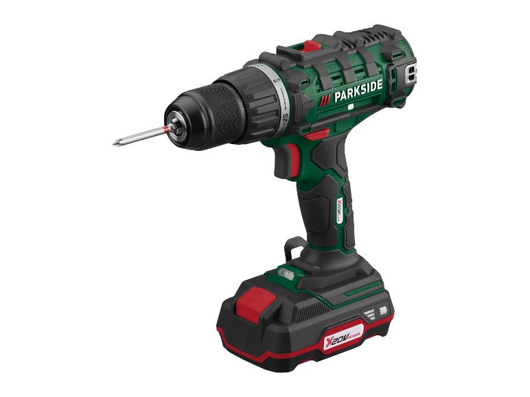 Een groene en zwarte Parkside schroevendraaier met een X20V TEAM batterij.