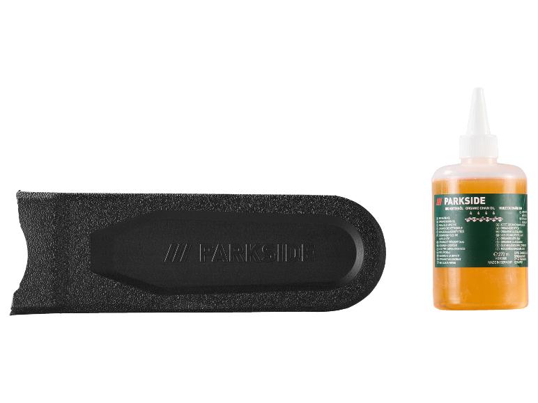 Parkside biologische kettingolie en zaagbladbeschermer.