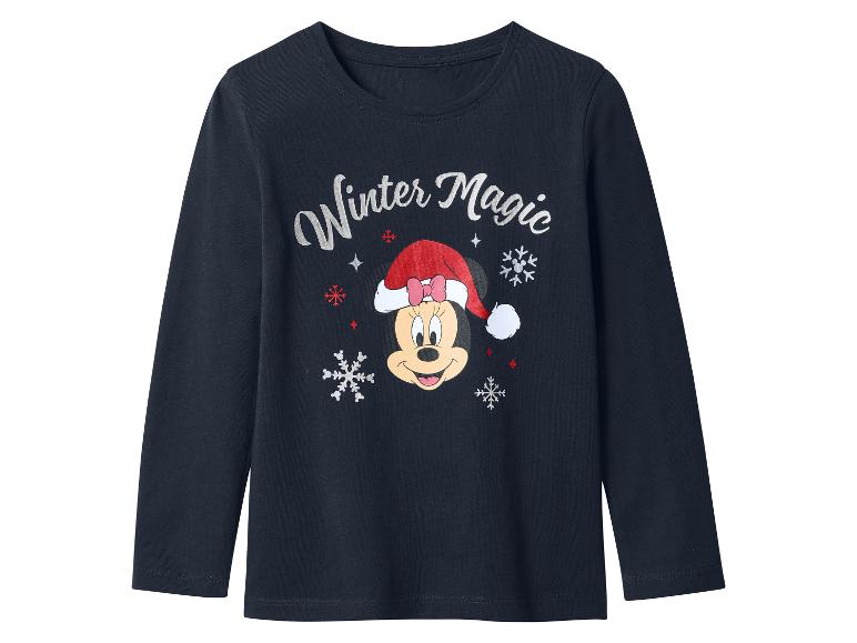 Donkerblauw T-shirt met lange mouwen met Minnie Mouse die een kerstmuts draagt en de tekst 'Winter Magic'.
