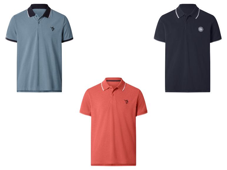Drie herenpoloshirts in blauw, rood en marineblauw, met contrasterende kragen en mouwboorden.