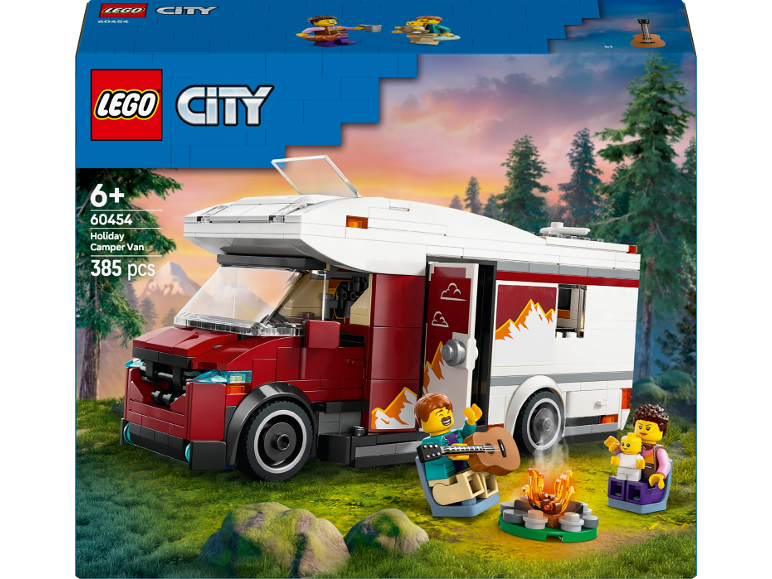 LEGO City Holiday Camper Van set met 385 onderdelen, familie kampeert.