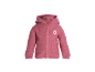 Roze gebreid babyvestje met capuchon, houten knoopjes en bloemenapplicatie.