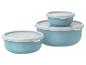 Set van drie lichtblauwe ronde voedselcontainers met witte deksels, in verschillende maten.