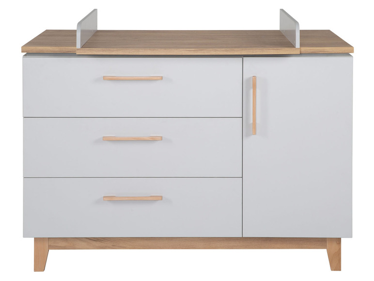Grijze commode met drie laden en een kastje, met houten details.