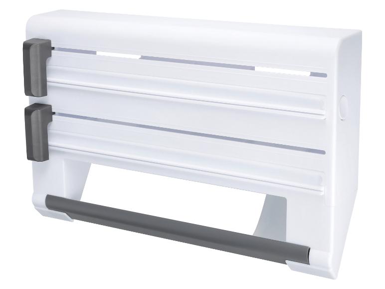 Witte wandgemonteerde foliedispenser met twee compartimenten en een keukenrolhouder.