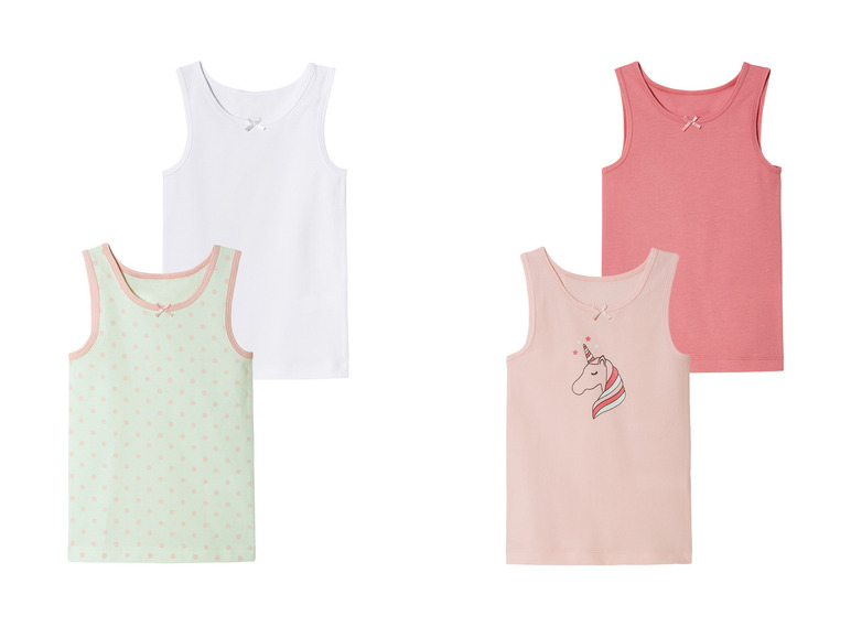 Vier meisjes tanktops: wit, roze met stippen, roze met eenhoorn en roze