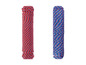 Twee rollen touw, rood en blauw met wit, voor gebruik binnenshuis of buitenshuis.
