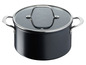 Een zwarte kookpan met glazen deksel van Jamie Oliver en Tefal.