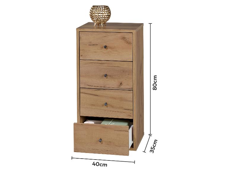 Houten ladekast met vier lades en zwarte handgrepen, afmetingen 80x40x35cm.