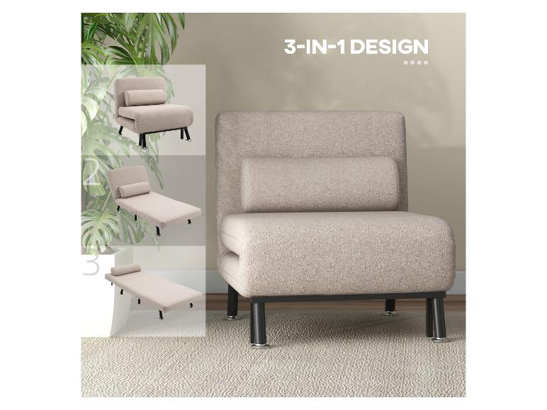 Beige 3-in-1 slaapstoel met chaise longue en bedfuncties.