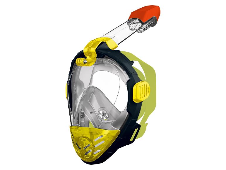 Volgelaats snorkelmasker met geel frame en snorkel, en oranje tip