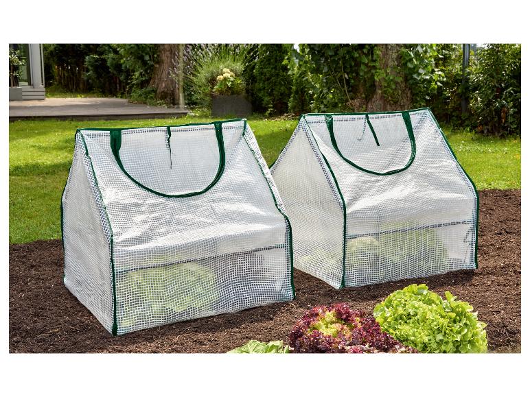 Twee transparante minikasjes met groene randen boven een slaperceel in de tuin.