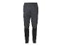 Zwarte en grijze sportbroek met patroon, elastische tailleband en taps toelopende pijpen.