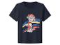 Donkerblauw kinder-T-shirt met cartoonhond en kleurrijke strepen