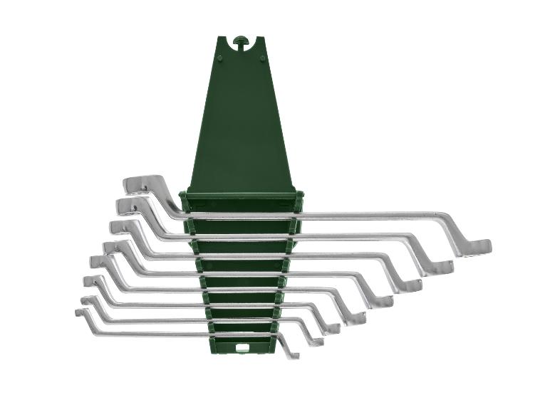 Set zilverkleurige ringsleutels in een groene kunststof houder, gesorteerd op maat.