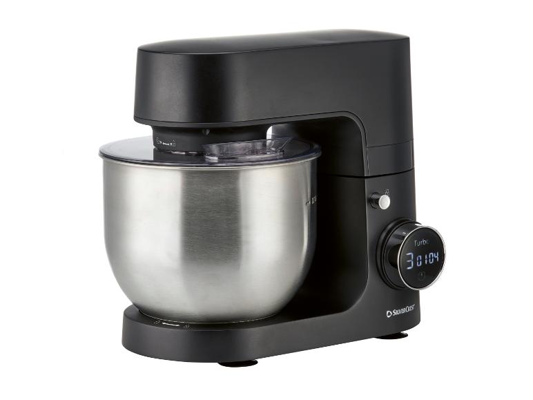 Zwarte SilverCrest keukenmixer met een roestvrijstalen kom en een digitaal display.