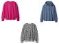 Drie sweatshirts: één fuchsia, één blauw en één grijs met luipaardprint.