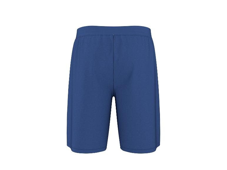 Donkerblauwe sportshorts op een witte achtergrond.