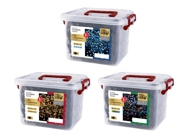 Drie transparante dozen met Livarno Home LED-kerstverlichting in blauw, warm wit en meerkleurig.