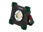 Zwarte en groene LED-werklamp met geel licht en rode verstelknop.