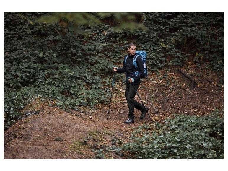 Een man wandelt met een rugzak en wandelstokken door een bos.