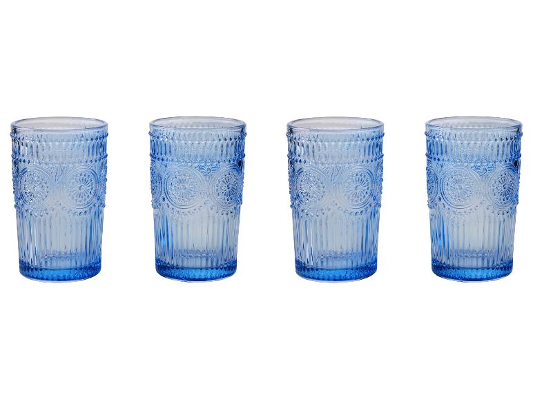 Set van vier blauwe glazen, vintage stijl, met bloemmotief.
