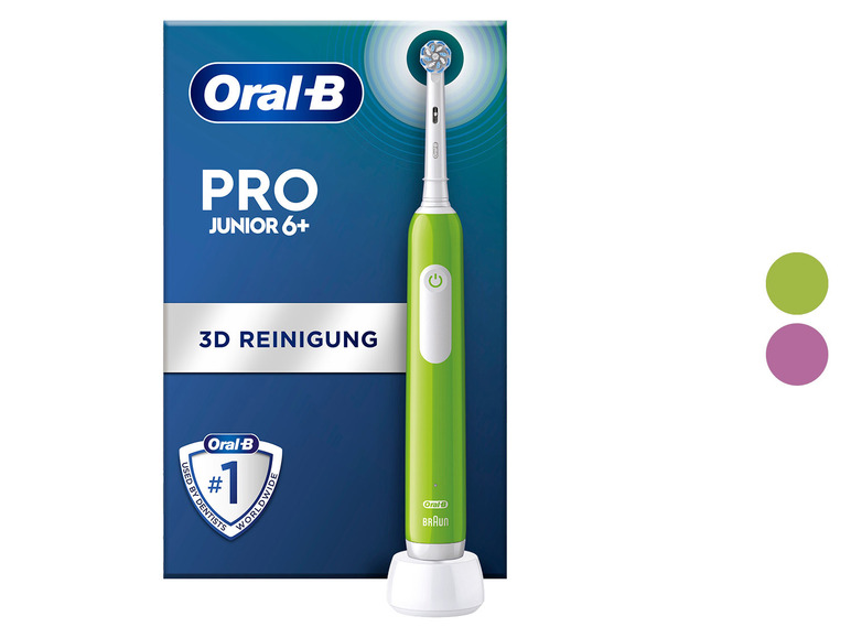 Een groene Oral-B Pro Junior 6+ elektrische tandenborstel