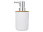 Witte zeepdispenser met chromen pomp en bamboe basis