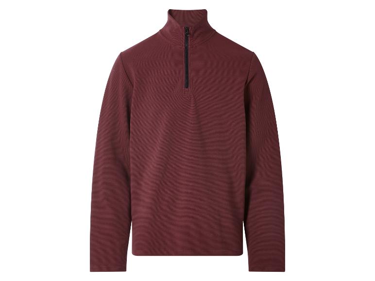 Bordeauxrode heren sweater met halve rits en opstaande kraag.