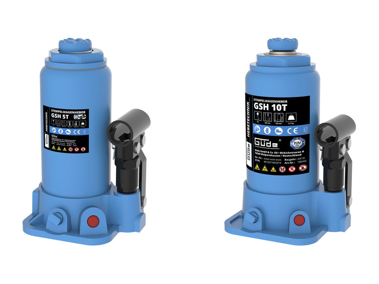 Twee blauwe hydraulische krikken van het merk Güde, één met 5 ton en één met 10 ton capaciteit.