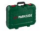 Groene Parkside gereedschapskoffer met rode sluitingen en zwart handvat