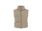 Beige gewatteerde bodywarmer met hoge kraag en ritssluiting, vooraanzicht.